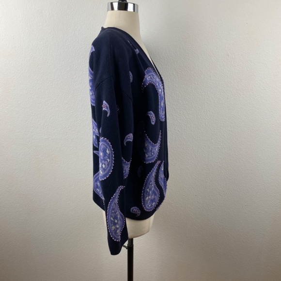 Vintage 80s Knit Cardigan Large Open Pappagallo Dark Blue Purple Beaded Paisley - Picture 7 of 9